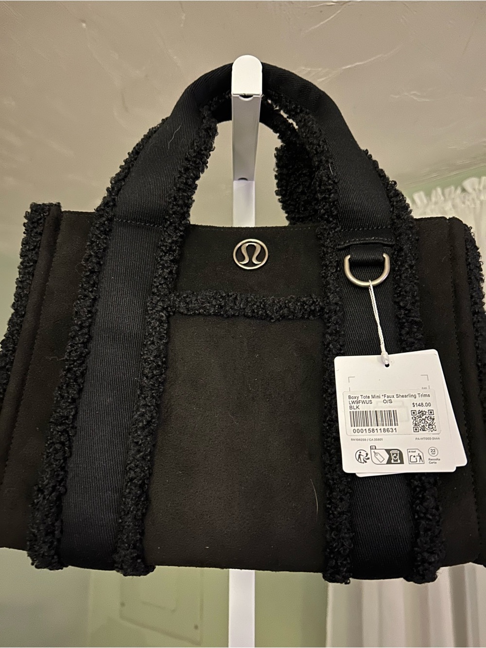 lululemon athletica Black Boxy  Mini Faux Shearling Trim Tote Bag
